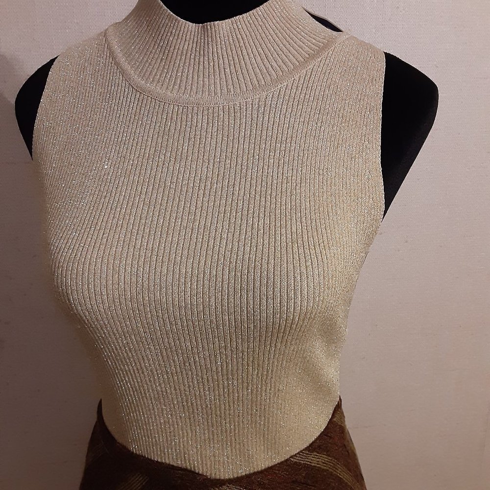 Lapis Shimmery Gold Sleeveless Ribbed Mock Turtleneck